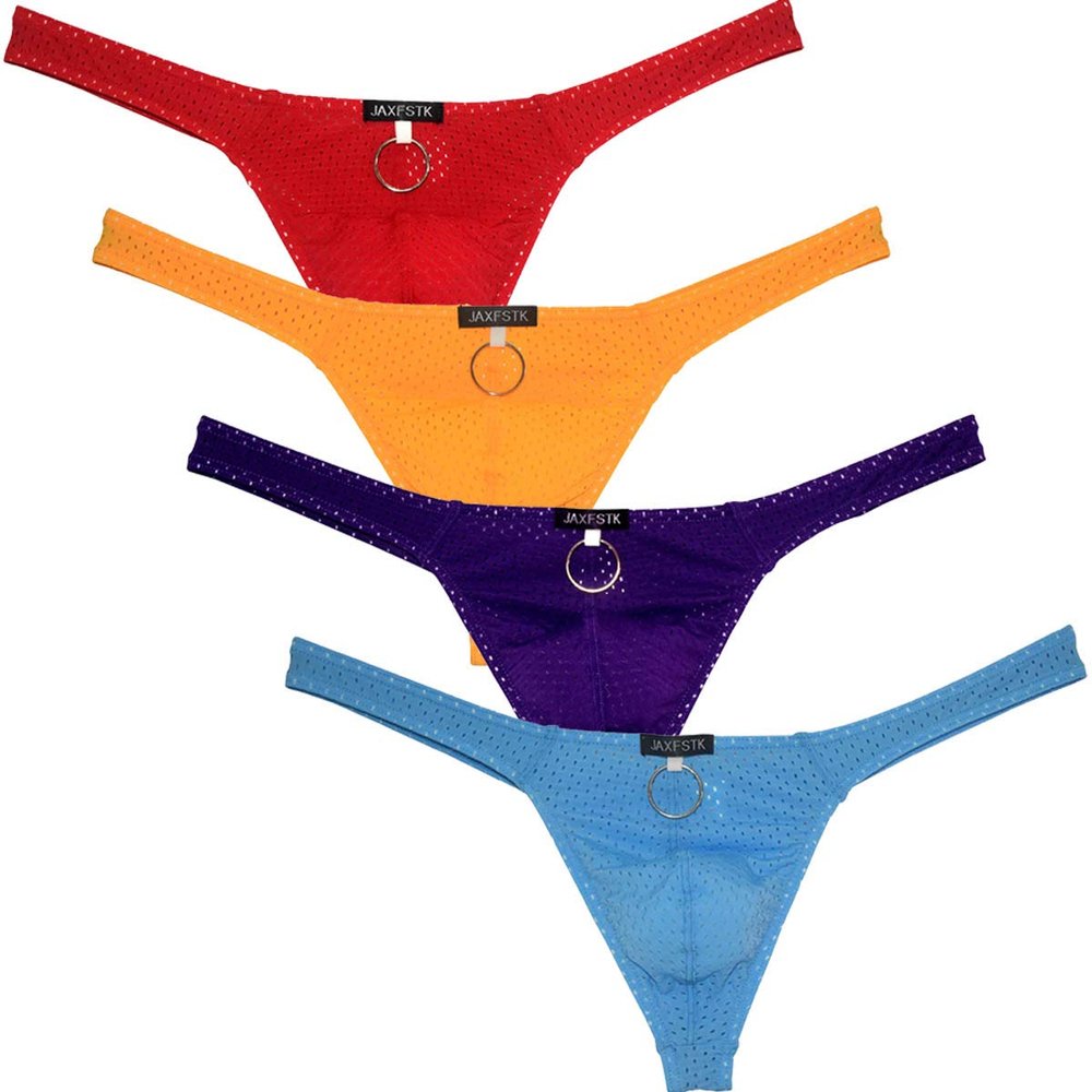 JAXFSTK Sexy Men's Low Rise Bikini Thong Underwear Iron Hoop T-Back Panties Breathable Tangas 4-Pack YPLR Large