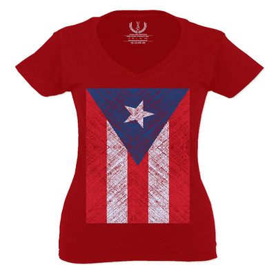 0063. Vintage Bandera Puerto Rico Flag Boricua Rican Nuyorican for Women V Neck Fitted T Shirt (Red, X Small)