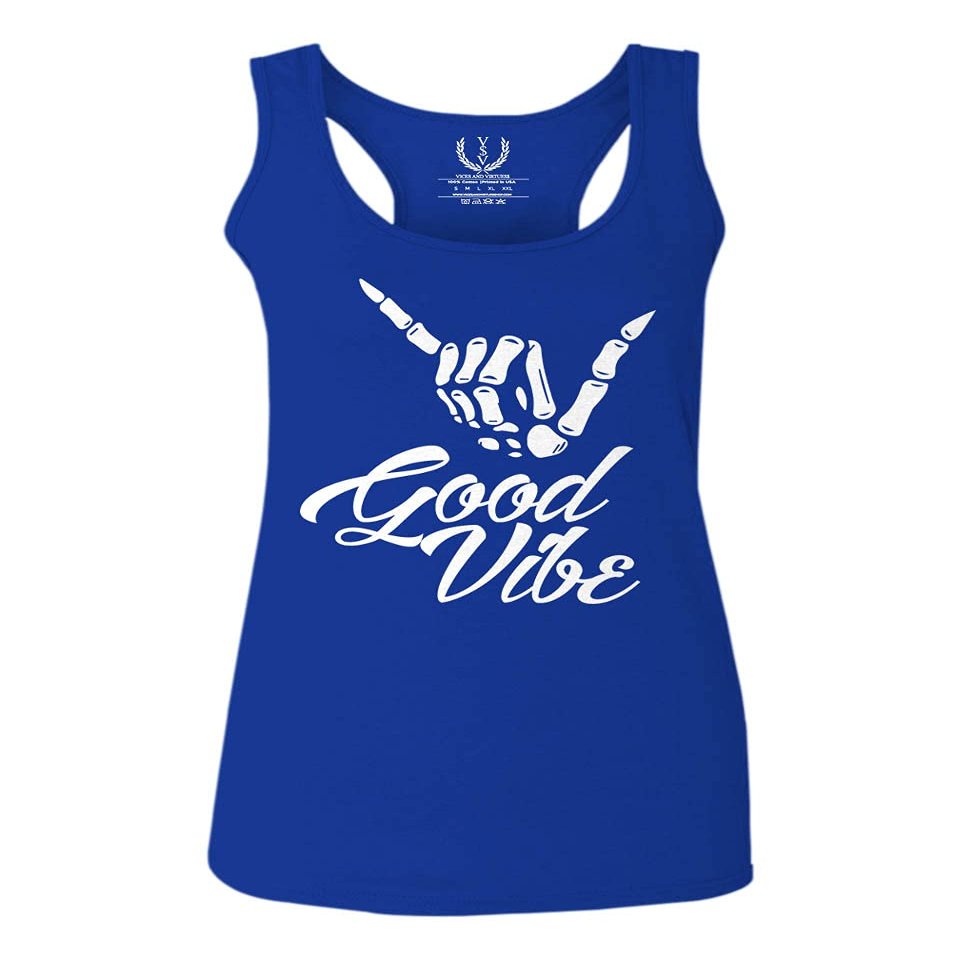 0013. Big Good Vibe Bones Hand Shaka Cool Vintage Hipster Graphic Women's Tank Top Racerback (Royal X Small)