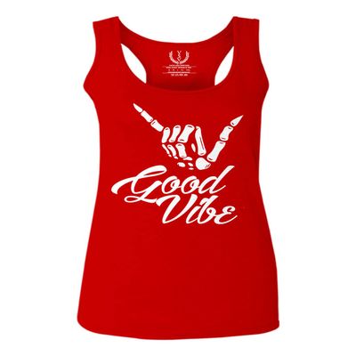 0013. Big Good Vibe Bones Hand Shaka Cool Vintage Hipster Graphic Women's Tank Top Racerback (Red, X Small)
