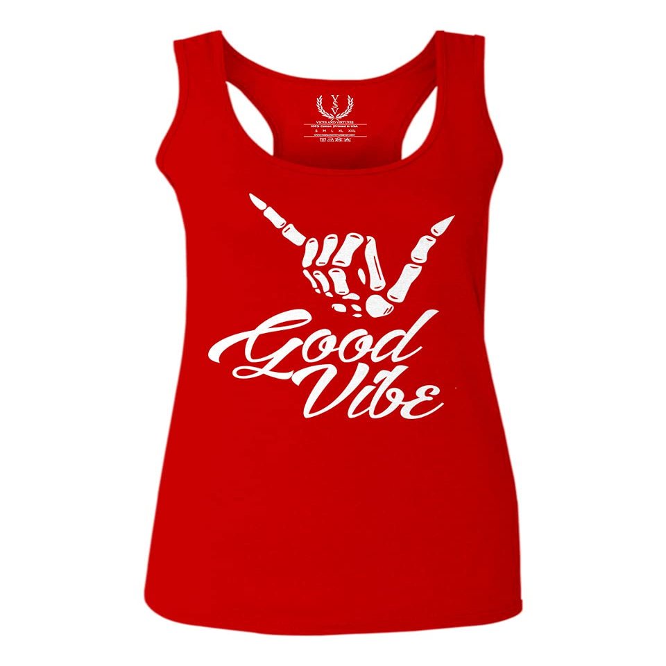 0013. Big Good Vibe Bones Hand Shaka Cool Vintage Hipster Graphic Women's Tank Top Racerback (Red, X Small)