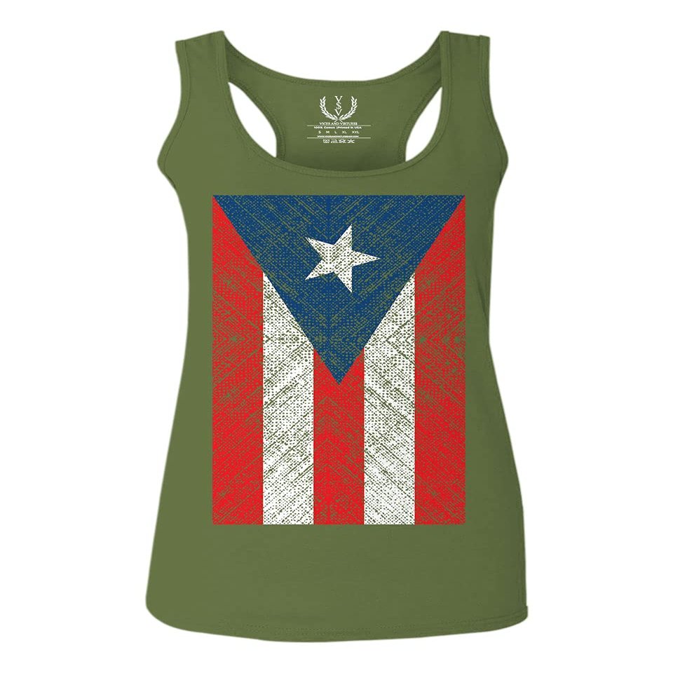 0063. Vintage Bandera Puerto Rico Flag Boricua Rican Nuyorican Women's Tank Top Racerback (Olive, X Small)