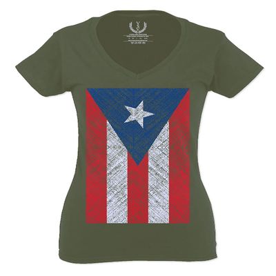 0063. Vintage Bandera Puerto Rico Flag Boricua Rican Nuyorican for Women V Neck Fitted T Shirt (Olive, X Small)