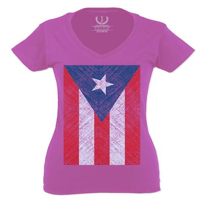 0063. Vintage Bandera Puerto Rico Flag Boricua Rican Nuyorican for Women V Neck Fitted T Shirt (Pink X Small)