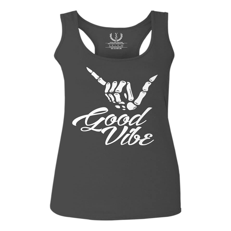 0013. Big Good Vibe Bones Hand Shaka Cool Vintage Hipster Graphic Women's Tank Top Racerback (Characol X Small)