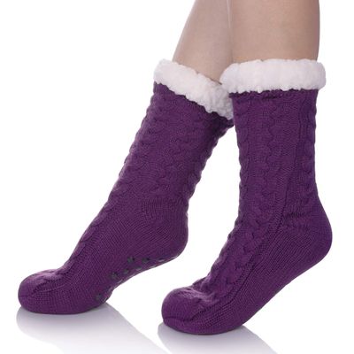 SDBING Women's Winter Super Soft Warm Cozy Fleece Lined Fuzzy Slipper Socks with Grippers (Purple, 6-10)