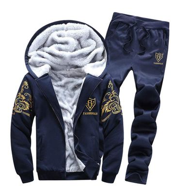 Men Casual Jackets+Pants Two Pieces Sets Warm Thick Hoodies Sportswear Tracksuit