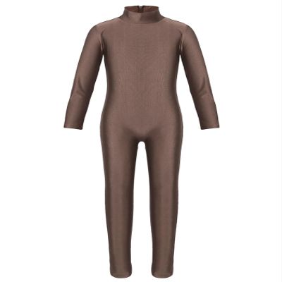 ranrann Kids Girls Full Length Gymnastic Unitard Long Sleeves Ballet Dance Jumpsuit Mock Neck Athletic Activewear Brown 5-6