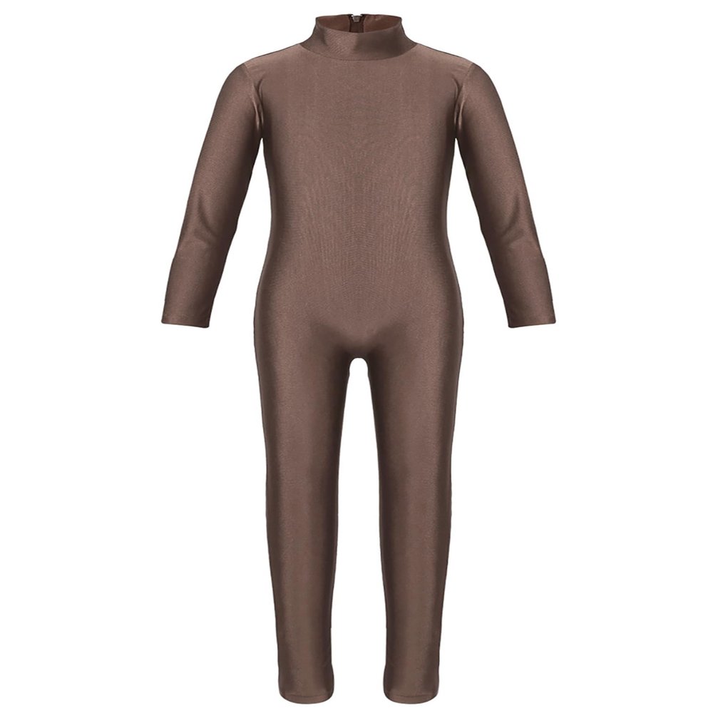 ranrann Kids Girls Full Length Gymnastic Unitard Long Sleeves Ballet Dance Jumpsuit Mock Neck Athletic Activewear Brown 5-6