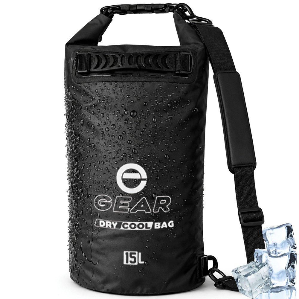 Enthusiast Gear Insulated Dry Bag Cooler  Roll Top, Leak Proof, Waterproof, Collapsible, with Padded Shoulder Strap - Perfect for Kayaking Fishing Beach Hiking - (15 Liter, Black)