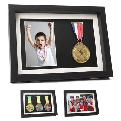 IHEIPYE Medal Display Shadow Box - 3 Medal Display Case - Perfect for Runners, Marathon, Race Winner, Soccer, Football, Gymnastics & All Sports (Black, A4)