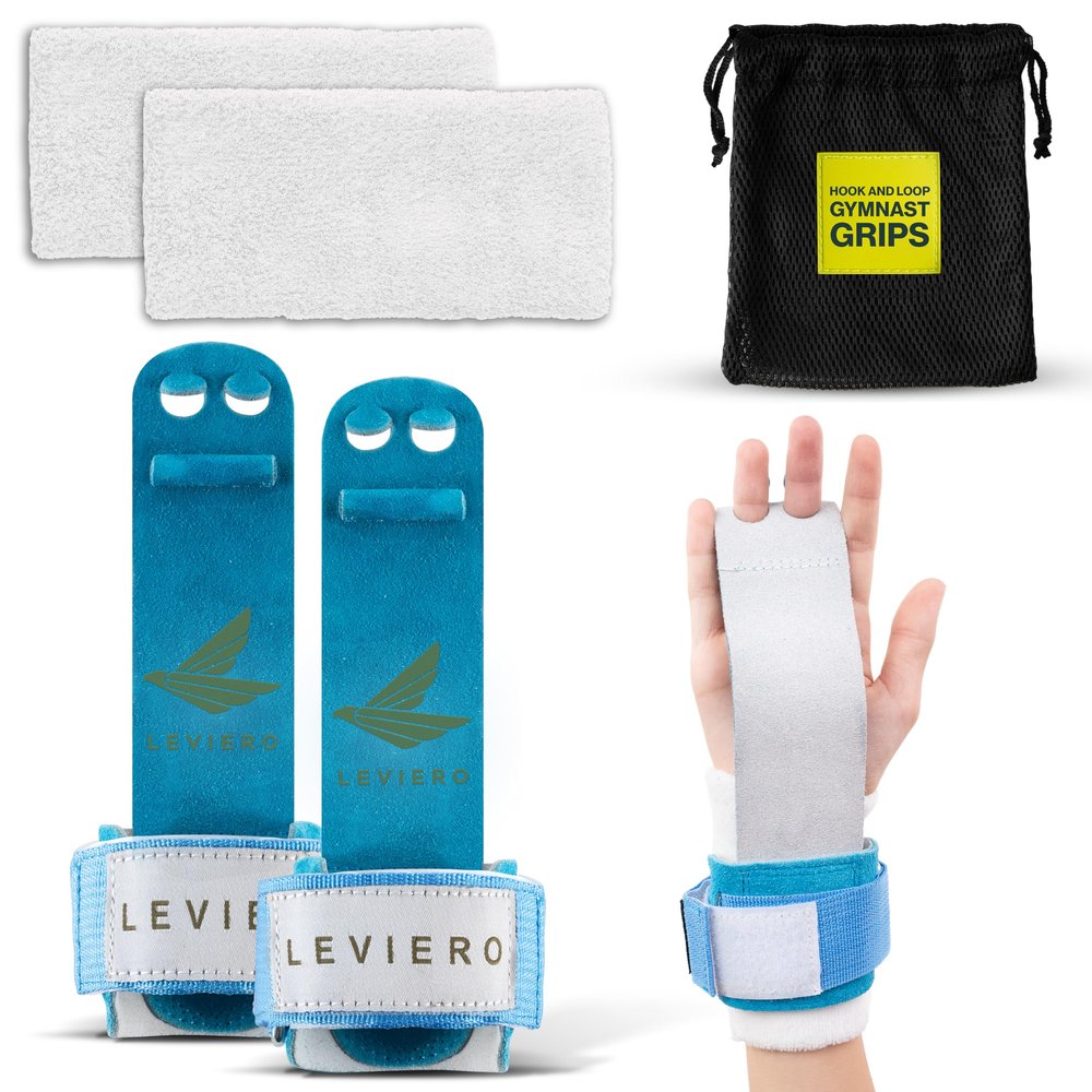 LEVIERO Gymnastics Grips Set, Grips for Gymnastics Girls, Dowel Grips with Soft Leather, Hook and Loop Wrist Straps, and Adjustable Finger Holes, for All Ages - (Aqua, 2)