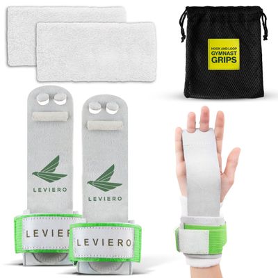 LEVIERO Gymnastics Grips Set, Grips for Gymnastics Girls, Dowel Grips with Soft Leather, Hook and Loop Wrist Straps, and Adjustable Finger Holes, for All Ages - (White, 1)