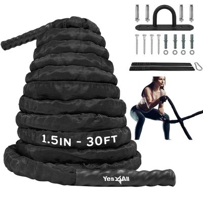 Yes4All Battle Rope with Protective Cover  Steel Anchor & Strap Included - Poly Dacron 1.5in - 30ft
