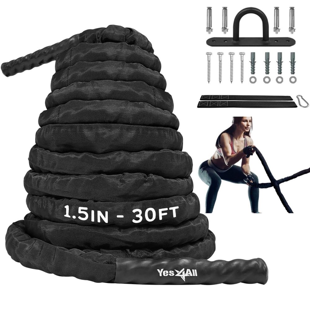 Yes4All Battle Rope with Protective Cover  Steel Anchor & Strap Included - Poly Dacron 1.5in - 30ft