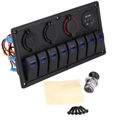 Marine Boat Rocker Switch Panel 8 Gang with Dual USB Outlets Digital Voltmeter LED 12V-24V for Truck RV Yacht