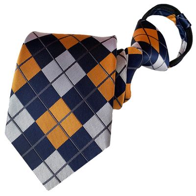 BESMODZ Classic Mens Zipper Ties Plaid Grey Gold Pre-tied Neckties Silk Business