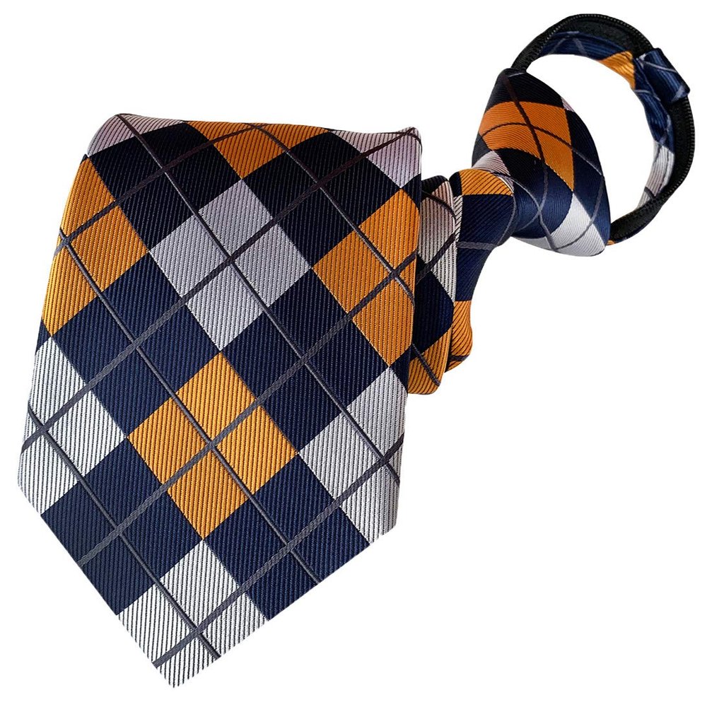 BESMODZ Classic Mens Zipper Ties Plaid Grey Gold Pre-tied Neckties Silk Business