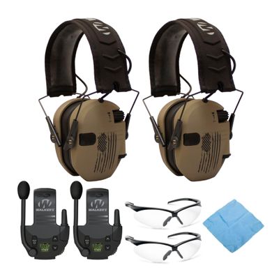Walkers Razor Slim Electronic Shooting Hearing Protection Muff (American Flag Distressed, Tan, 2-Pack) Bundle with Walkie-Talkie Attachment (2-Pack), Glasses (2-Pack) and Cleaning Cloth (7 Items)