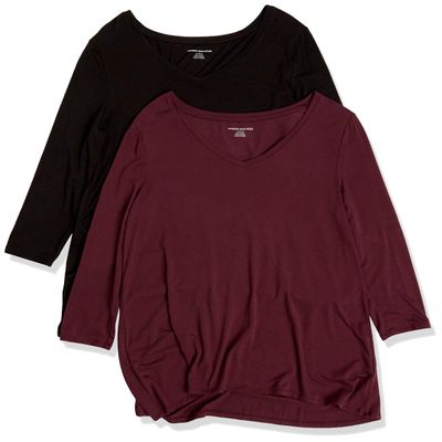 Amazon Essentials Women's 3/4 Sleeve V-Neck Swing T-Shirt (Available in Plus Size), Pack of 2, Black/Burgundy, Small
