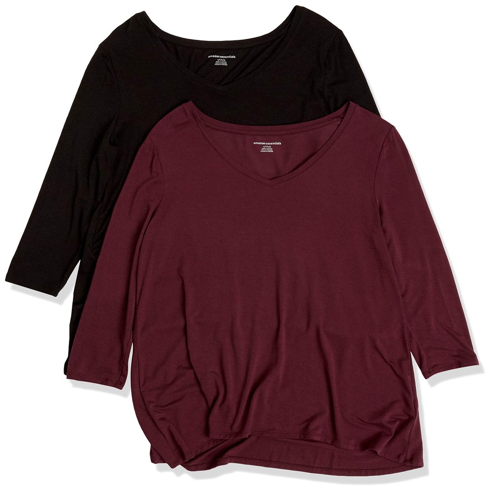 Amazon Essentials Women's 3/4 Sleeve V-Neck Swing T-Shirt (Available in Plus Size), Pack of 2, Black/Burgundy, Small