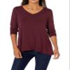 Amazon Essentials Women's 3/4 Sleeve V-Neck Swing T-Shirt (Available in Plus Size), Pack of 2, Black/Burgundy, Small view 2