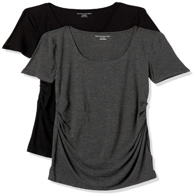 Amazon Essentials Women's Maternity Short-Sleeve Rouched Scoopneck T-Shirt, Pack of 2, Charcoal Heather/Black, X-Large