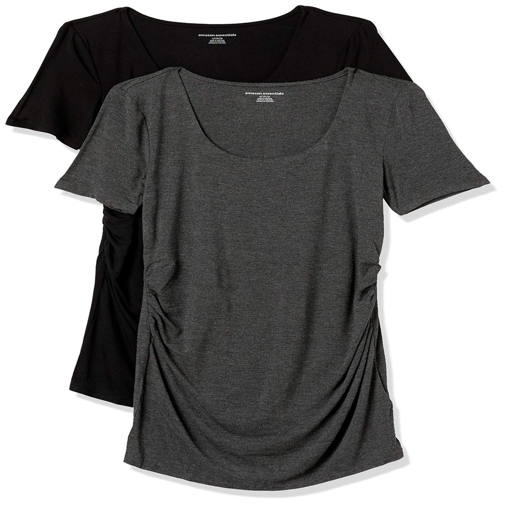 Amazon Essentials Women's Maternity Short-Sleeve Rouched Scoopneck T-Shirt, Pack of 2, Charcoal Heather/Black, X-Large