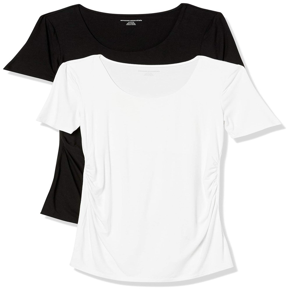Amazon Essentials Women's Maternity Short-Sleeve Rouched Scoopneck T-Shirt, Pack of 2, Black/White, Small