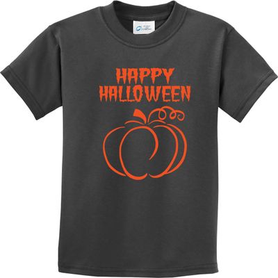 Happy Halloween with Pumpkin Sketch Youth Kids Shirt, Charcoal Large