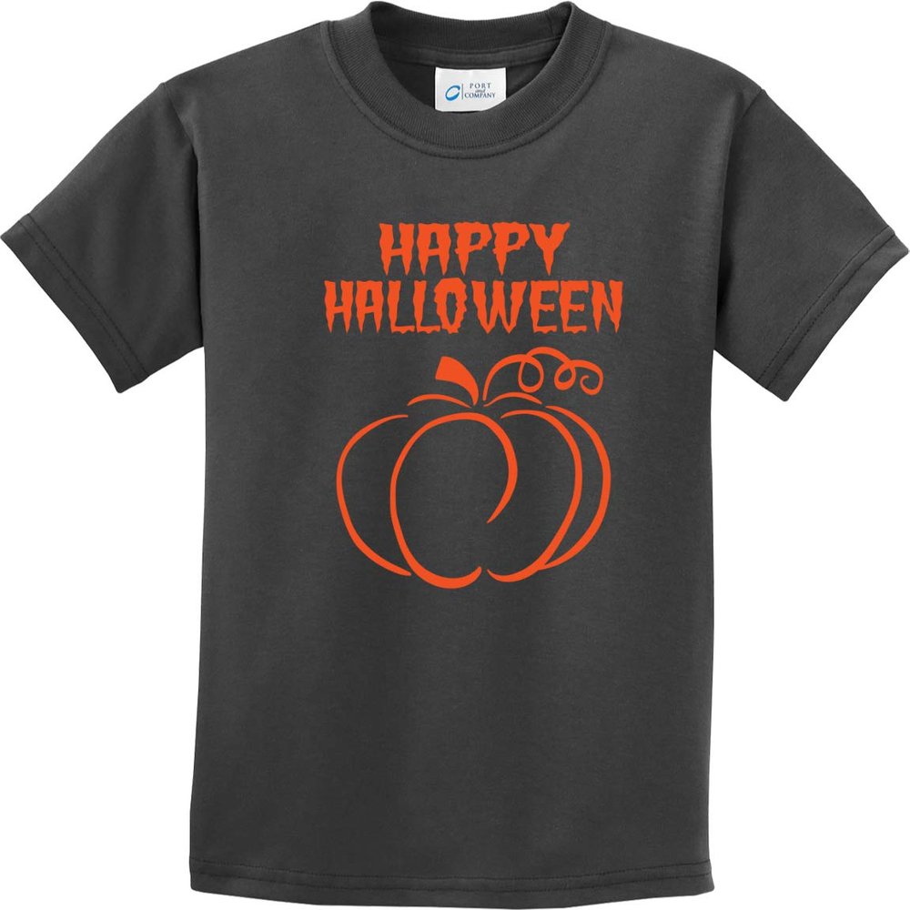 Happy Halloween with Pumpkin Sketch Youth Kids Shirt, Charcoal Large