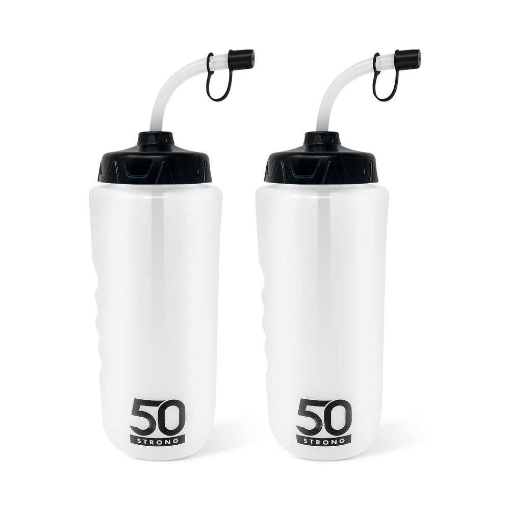 50 Strong 1 Liter Water Bottle with Straw  2-Pack Easy-Squeeze Sports Bottles with Long Straw & Built-In Finger Grip  BPA-Free  Made in USA  Ideal for Hockey, Football, Lacrosse & Boxing