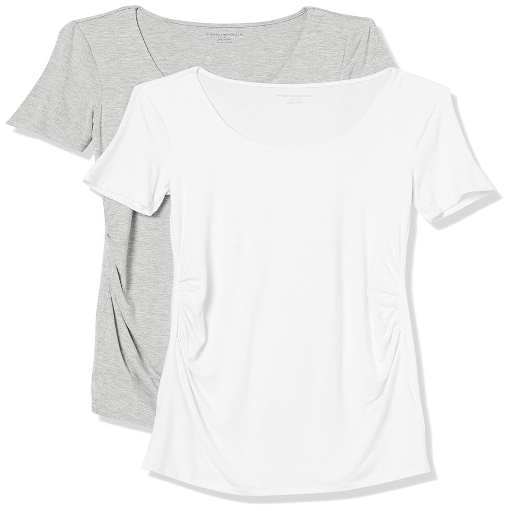 Amazon Essentials Women's Maternity Short-Sleeve Rouched Scoopneck T-Shirt, Pack of 2, Light Grey Heather/White, X-Large