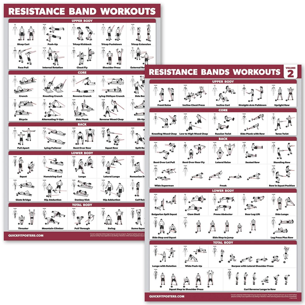 2 Pack Resistance Bands Volume 1 & 2 Exercise Poster Set - Resistance Tubes Workout Charts (Laminated, 18" x 24")