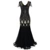 Womens 1920s Vintage Flapper Fringe Great Gatsby Party Dress Sequin Maxi Evening Cocktail Dresses Ladies V-Neck Floor Length Long Prom Mermaid Formal Gown Wedding Bridesmaid Dance Dress Black L