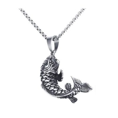 PAMTIER Unisex Chinese Lucky Koi Fish Necklace Silver with Chain