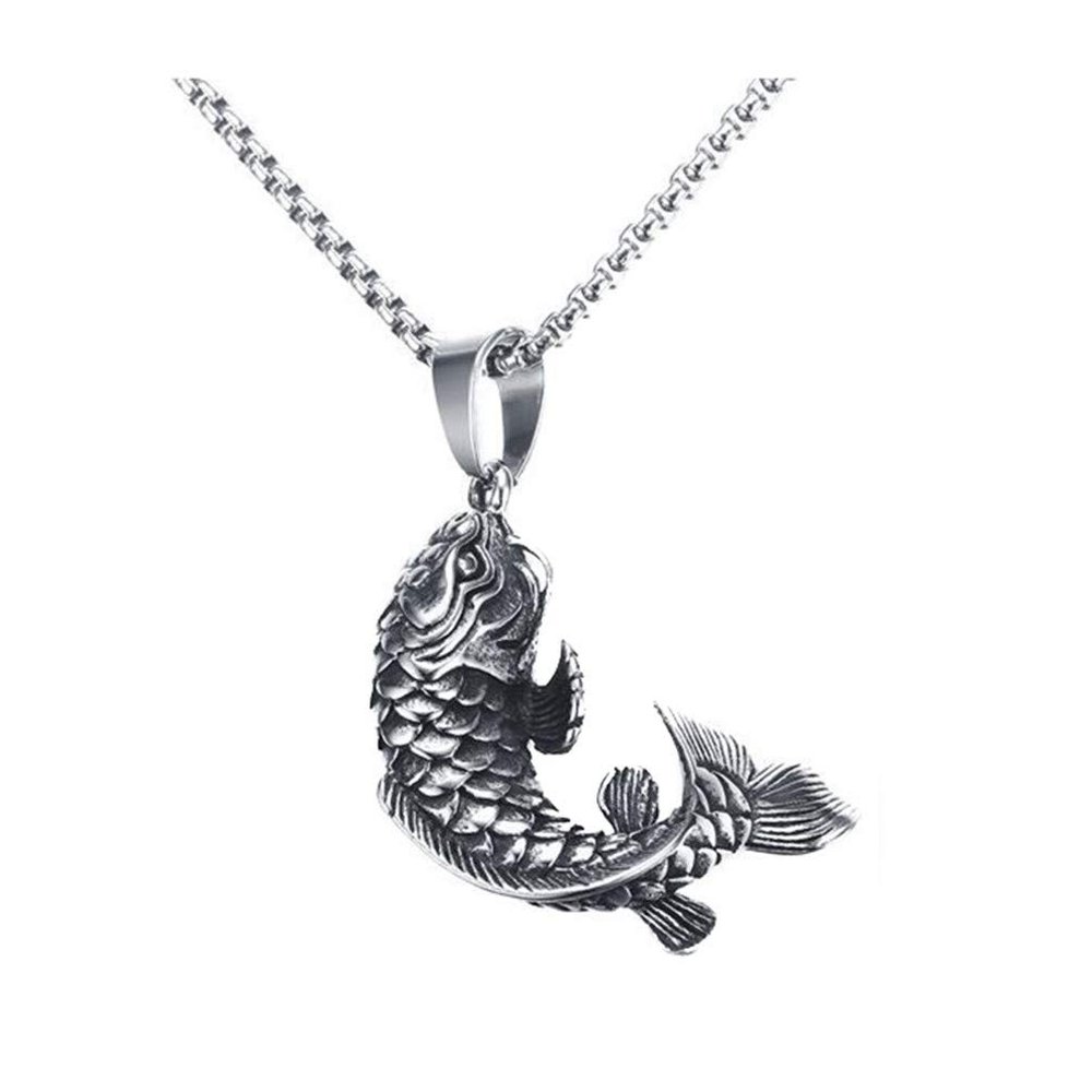 PAMTIER Unisex Chinese Lucky Koi Fish Necklace Silver with Chain