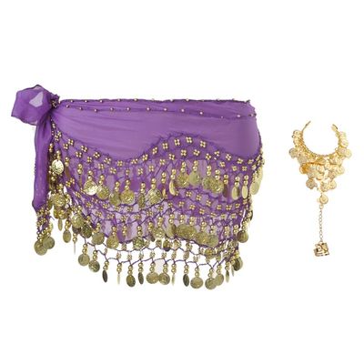 BellyLady Gold Coins Belly Dance Hip Scarf, Wholesale Dance Belt & Gypsy Bracelet-Purple
