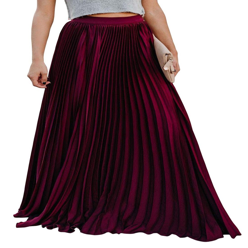 ebossy Women's High Waist Flowy Pleated Chiffon Maxi Skirt (Small, Wine)