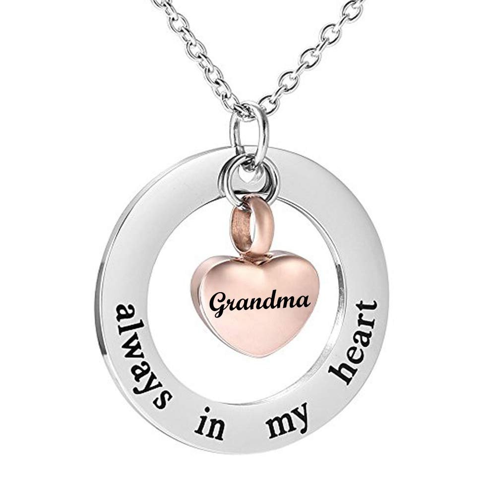 misyou Cremation Necklace Holder Rose Gold Heart Memorial Jewelry Urn Necklace for Women Men Keepsake Pendant Always in My Heart (Grandma)