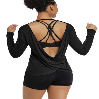 Muzniuer Long Sleeve Workout Shirts for Women Long Sleeve Yoga Tops Backless Yoga Tops Backless Open Back Cross Blouses Open Shirts Black XL01