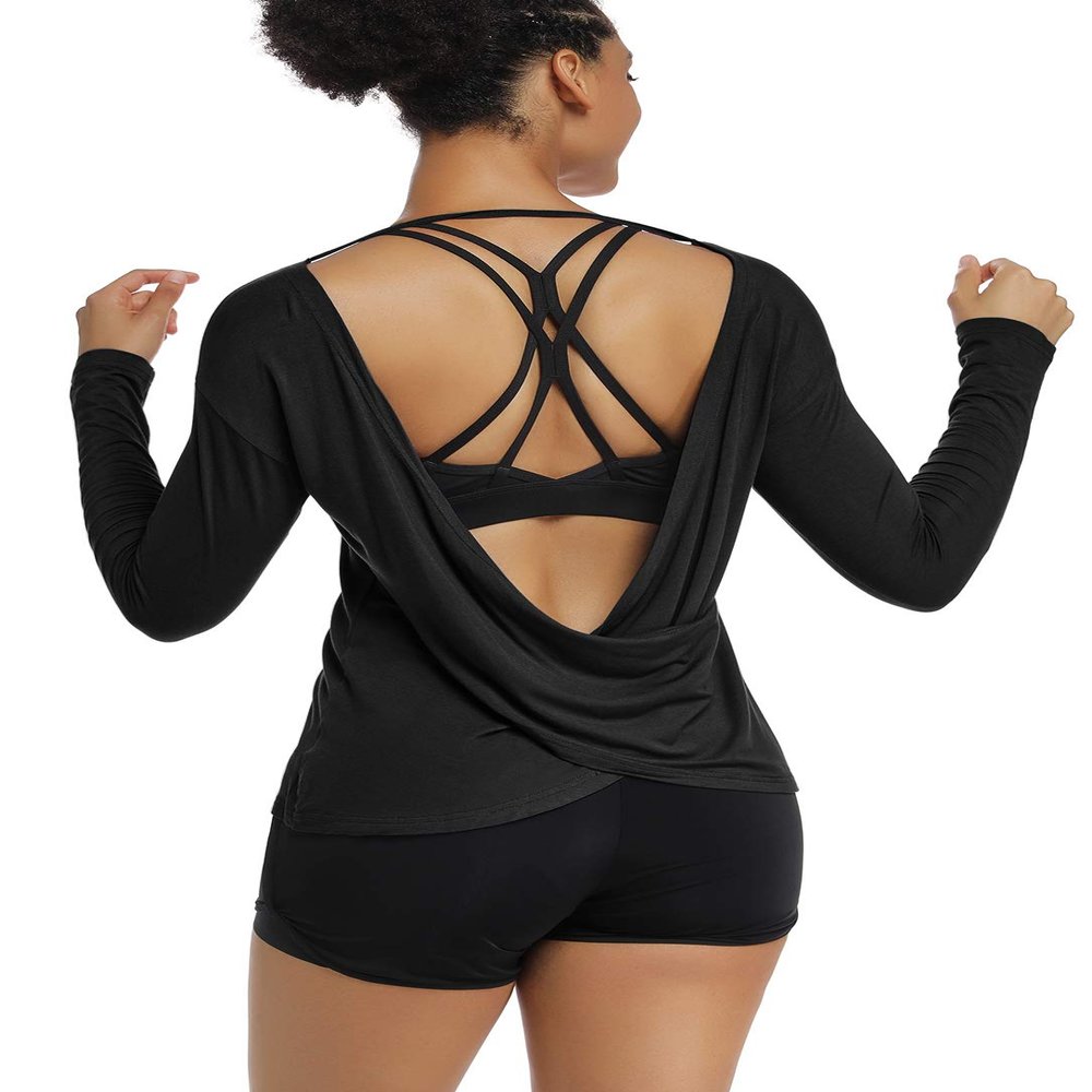 Muzniuer Long Sleeve Workout Shirts for Women Long Sleeve Yoga Tops Backless Yoga Tops Backless Open Back Cross Blouses Open Shirts Black XL01