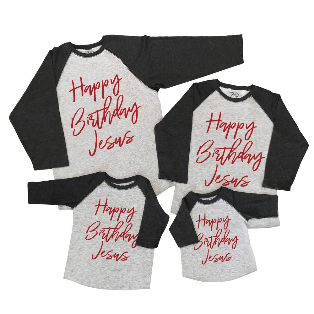 7 ate 9 Apparel Matching Family Christmas Shirts - Happy Birthday Jesus Grey Shirt Youth XL