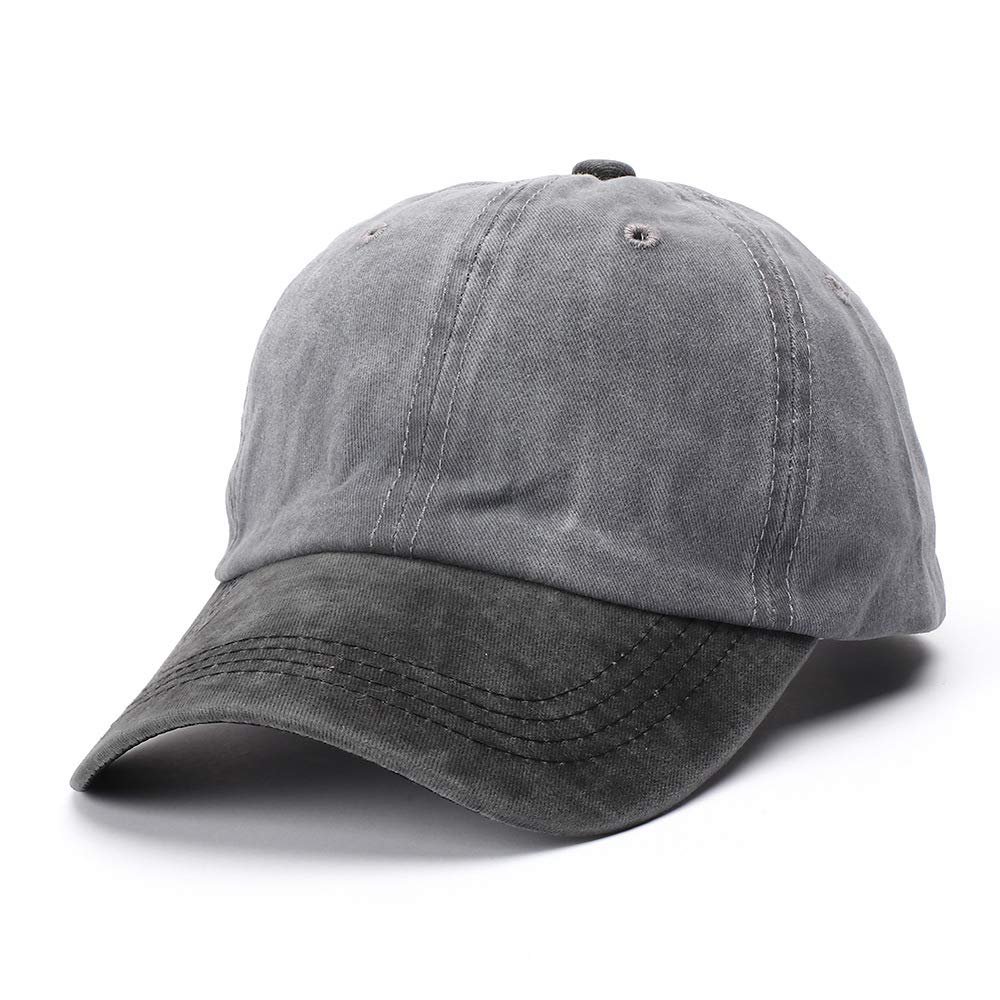 Unisex Vintage Washed Twill Low Profile Plain Baseball Cap Adjustable Dad Hat (Grey+Black Brim)