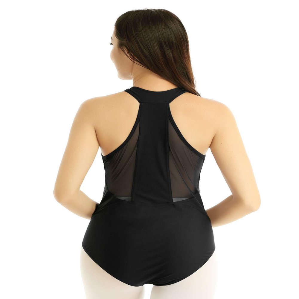 Freebily Women's V-neck Gymnastics Leotard Racer Back Mesh Splice Ballet Dance Coutumes Bodysuit Black X-Small