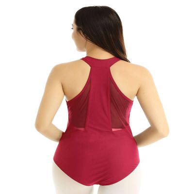 Freebily Women's V-neck Gymnastics Leotard Racer Back Mesh Splice Ballet Dance Coutumes Bodysuit Burgundy X-Large