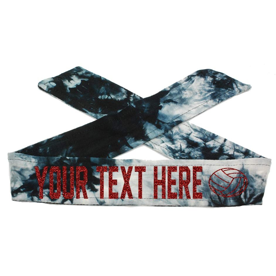Personalized Volleyball Tie Headband with Sparkle Glitter Letters, Design Your Own Headband (Black Tie Dye)