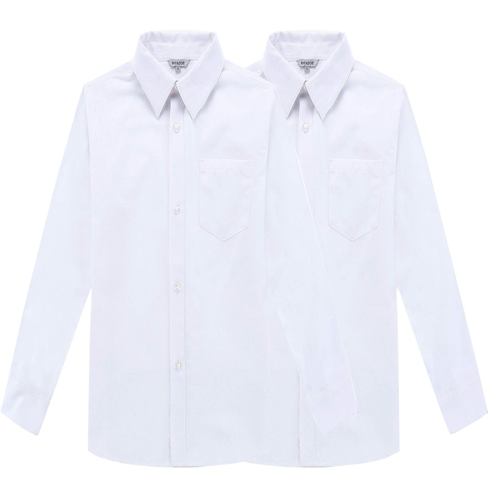 Bienzoe Boys Long Sleeve Shirt: School Uniform Oxford Button Down Cotton Tops 2Pcs Pack White 6X