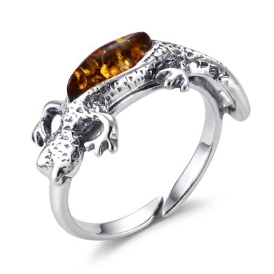Sterling Silver and Baltic Honey Amber Adjustable Lizard Ring