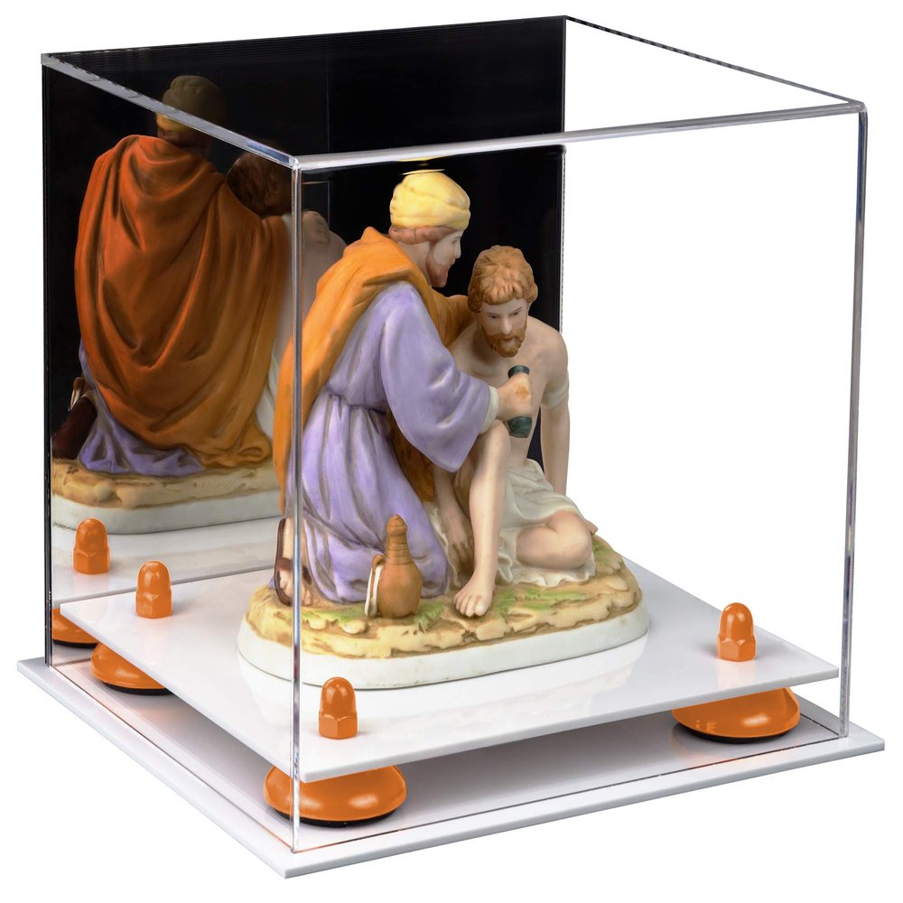 Better Display Cases Versatile Acrylic Display Case - Small Rectangle Box with Mirror, Orange Risers and White Base 8.75" x 7.75" x 7" (A006-OR)